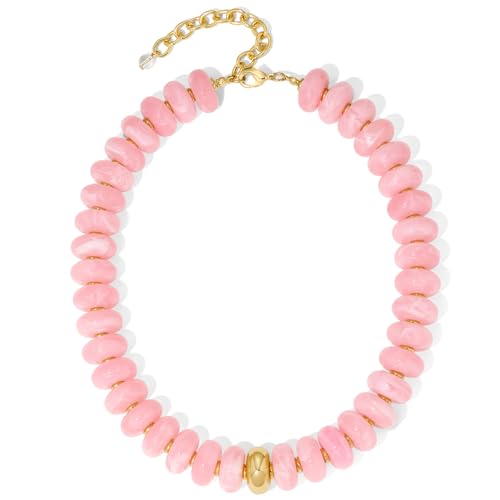 Mothers Day Gifts Chunky Beaded Choker Necklace for Women Statement Necklace with Gold Accent Adjustable Beach Summer Jewelry Trendy Boho Necklaces in Multiple Colors y2k Jewelry - color: Pink