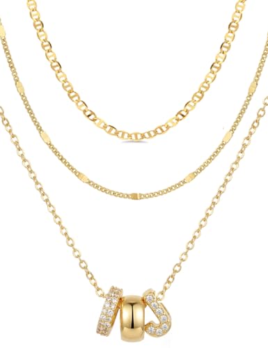 Layered Gold Necklaces for Women, 14K Gold Plated Dainty Cubic Zirconia Rondelle Initial Pendant Necklace, Chunky Stackable Mariner Chain Choker, Trendy Personalized Name Jewelry Gifts for Women - style: Letter J