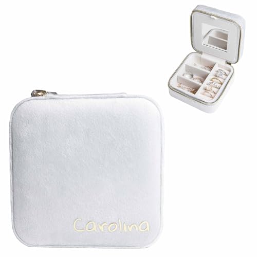 Customizable Compact Velvet Jewelry Box with Mirror, Travel Jewelry Case, Travel Jewelry Organizer, Jewelry Box for Women and Girls, Small Jewelry Organizer (Bottom Right Text, Milky Gray) - color: Milky Gray, size: Bottom Right Text Only