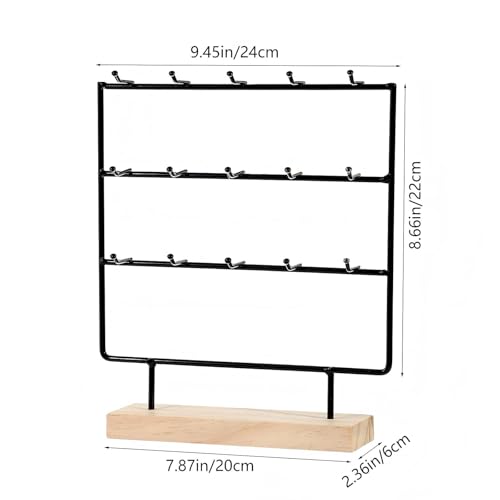 Earring Display Stand for Vendors, 3 Tier Black Wood Earring Rack with 15 Hooks, Stand Holder for Selling for Earring Keychains