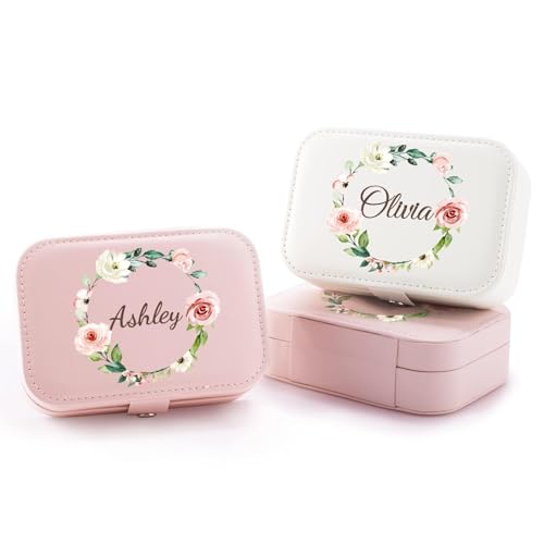 Corissy Personalized Jewelry Box for Women, Custom Travel Jewelry Case with Name and Birth Flower, Leather Jewelry Box for Rings, Earrings, Necklaces, Personalized Gifts for Women - color: Rectangle Box 03