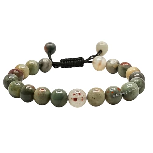 Amazing Gemstone African Bloodstone Bracelet for Women Men's Gifts - Protection Healing Crystal Bracelet - 8mm Gemstone Beaded Adjustable Bracelet Pulseras Para Hombres Mujer Stocking Stuffers - color: African Bloodstone