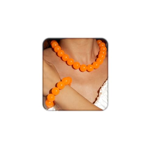 Colorful Chunky Beaded Necklace for Women Acrylic Bead Choker Necklaces Fashion Large Round Beads Necklaces for Women Handmade Summer Jewelry - color: Orange bracelet + necklace