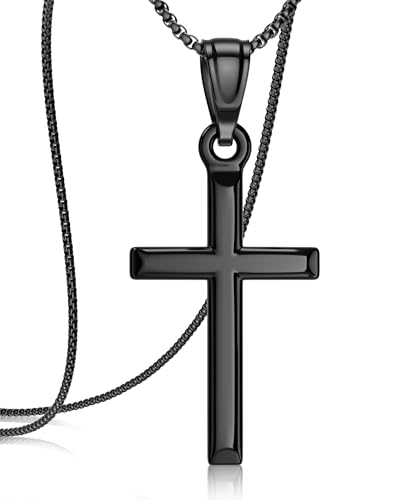 Exquisite Cross Necklace for Men and Women, Silver/Gold/Black Cross Chain with Top-grade 316L Stainless Steel Cross Pendant, 18-24 Inch Box/Byzantine Chains - color: Mystic Black, size: 18 Inch=46CM(Women's Average Length), style: Box Chain with Medium Pe