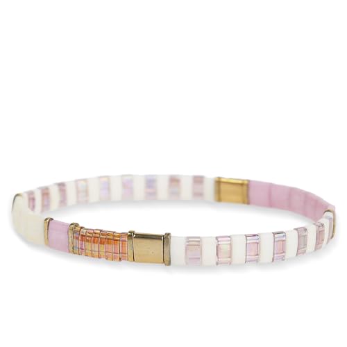 Tila Beaded Stretch Strand Bracelets for Women, Cute Boho Stackable Handmade Colorful Mixed Flat Square Beads Elastic Beach Surfer Bracelet Trendy Jewelry Friend Gift - color: 0901E