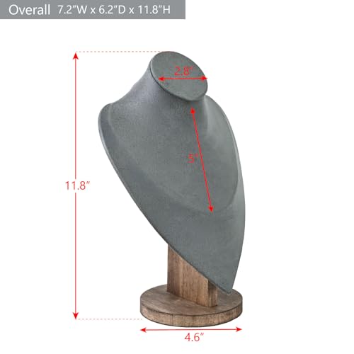 MOOCA Necklace Chain Jewelry Display Holder, Jewelry Stand, Necklaces Display Mannequin Bust Stand, Wood Sturdy Base, Grey Suede with Walnut Base - color: Grey Suede with Walnut Base