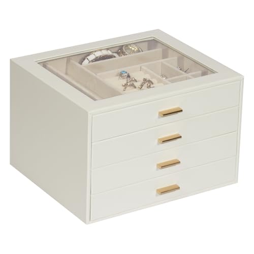 Jewelry Box with Glass Lid, 4-Layer Jewelry Organizer for Women Girls, PU Leather Display Case with 20-Grid Earring Tray & Movable Dividers for Necklaces Rings - Cloud White - color: White, size: 4-Layer