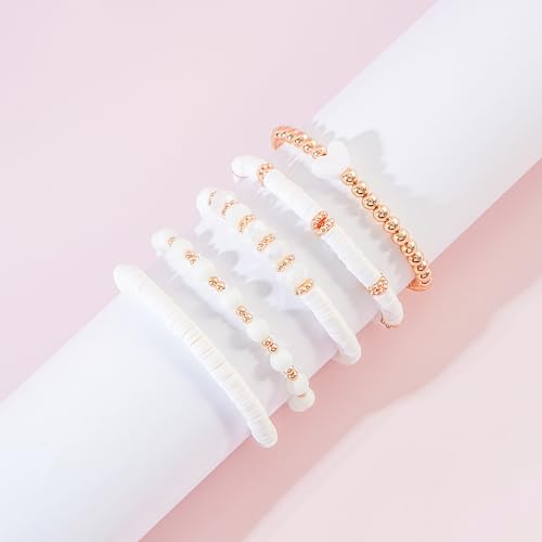 RISHEGAE Heishi Beaded Stretch Bracelets for Women Stackable Polymer Clay Beads Bracelets Friendship Boho Summer Beach Bracelet Jewelry Set - color: B-White Set