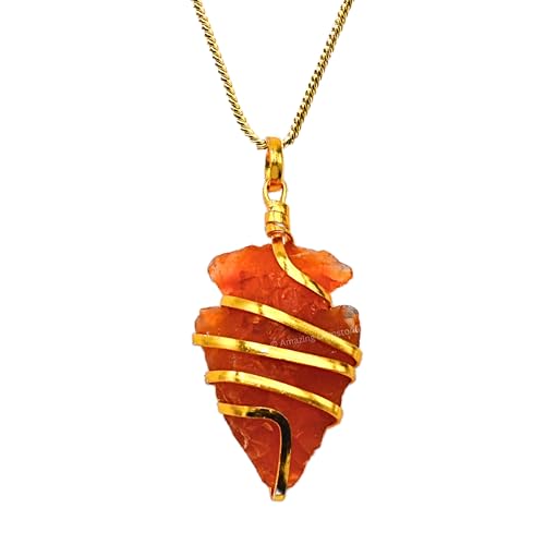 Amazing Gemstone Crystals and Healing Stones Carnelian Necklace - Gold Chain Necklace Pendant - Real Crystal Necklace - color: Gold Spiral Arrowhead, size: 1 PIECE