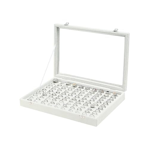 Coward Ring Organizer Jewelry Tray Box, Grey Beige Velvet 100 Slots Ring Display Tray Case with Transparent Glass Lid for Home Use or Store Selling Show - color: Grey Beige Velvet, size: Ring Box