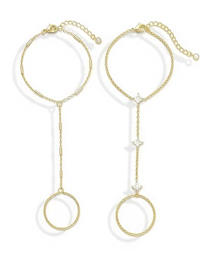 YEEZII Gold Hand Chain Bracelets for Women, 2 Pcs 14k Gold Plated Cubic Zirconia Link Chain Bracelet Set, Trendy ring bracelet hand chain Jewelry for Her - color: Gold-F