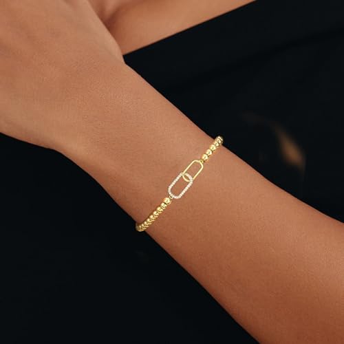 Mothers Day Gifts - Beaded Bracelets for Women 14K Silver Gold Plated Stretch Handmade Ball Bracelets Cute Charm Bracelet Dainty Stackable Cross Heart Bow Wave CZ Circle Trendy Jewelry Easter Gifts - color: zirconia-square