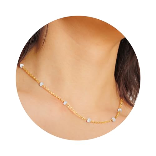 Dainty Gold Necklace for Women,Trendy 18k Gold Vermeil Sterling Silver Choker Necklace Thin Beaded Choker Necklaces Womens Simple Jewelry Gift for Valentines Day - color: June - Moonstone