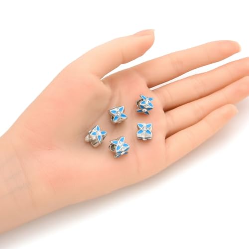 40pcs Sparkle Rhinestone Blue Enamel Flower Large Hole Loose Beads (4.5mm Hole) Antique Silver Metal Spacer for DIY Craft Jewelry Making MEC-E5 - size: Blue & Rhinestone Four-Leaf Flower