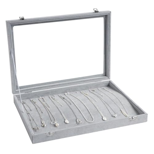 Wudygirl 20 Hooks Necklace Organizer Velvet Jewelry Organizer Showcase for Necklaces Jewelry Box Stackable Glass Top Lockable (Necklace Organizer) - style: Necklace Tray