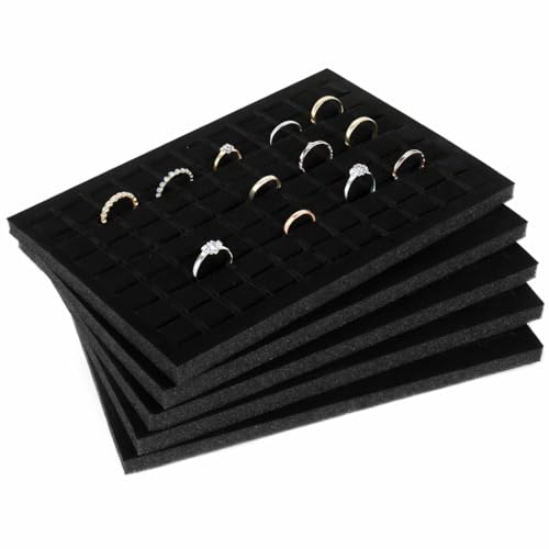 Garneck 5Pcs Jewelry Box Insert Foam Tray Set: 100 Slot Black Velvet Ring Earring Organizer Stackable Display Holder for Drawer Dresser Store Boutique Gift for Women Men