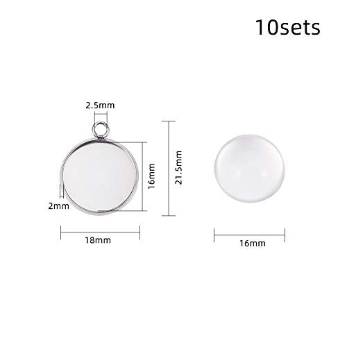 FASHEWELRY 10 Sets Stainless Steel Flat Round Bezel Pendant Trays with Half Round Glass Cabochon Clear Dome for DIY Jewelry Making - color: 16mm-10 Sets
