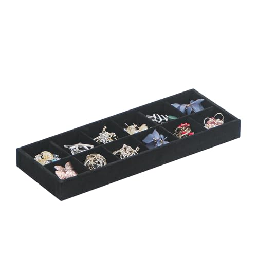 Divided Drawer Organizer, Velvet Jewelry Storage Tray for Necklace, Bracelet, Ring, Earring Display - Bedside Nightstand Desk Holder for Phone, Watch, Sunglasses, Cosmetics Storage/Black/12grid - color: Black, size: Grid12
