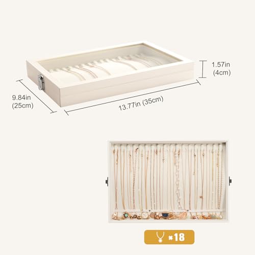 Lolalet Jewelry Organizer Tray with Lid, 18 Hooks Velvet Necklace Organizer Holder Storage Box for Drawer -Beige - style: Necklace