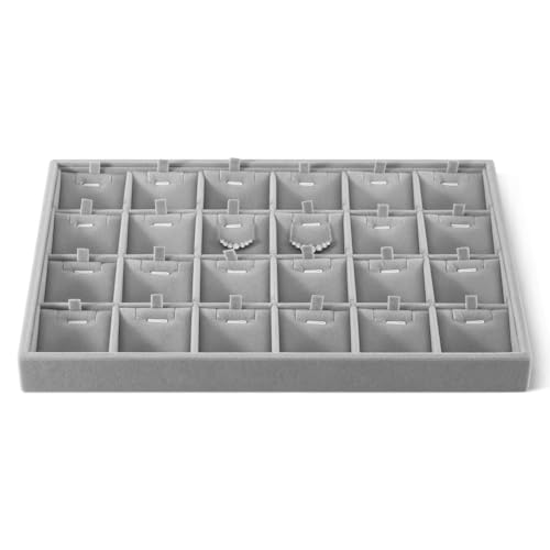 Velvet Necklace Display Tray, Stackable 24 Grid Insert Pendant Necklaces Storage Holder Plate, Jewelry Retail Countertop Organizer (Gray) - color: Grey, size: 24 Slot Necklace Tray