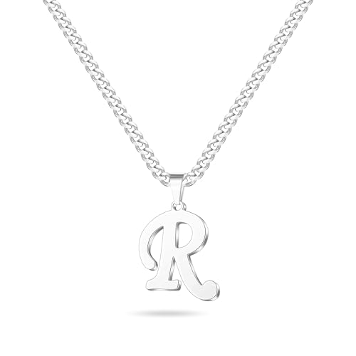 LUXEJEW Initial A-Z Letter Necklace for Men Boys Women, Stainless Steel Cuban Link Chain Letter Pendant Necklaces Capital Monogram Necklace Jewelry Gifts for Men 20+2 Inches - color: Silver, size: Letter R