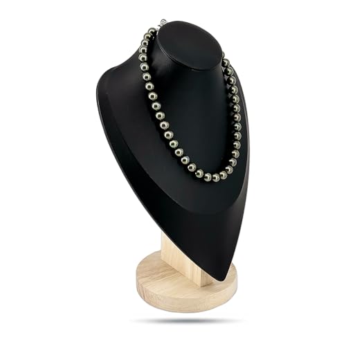 11.5" Solid Oak Jewelry Necklace Bust Display Stand for Vendors - Black Faux Leather - Wooden Mannequin Chain Holder - Large - color: Black, size: 11.5" Tall, style: Light Oak