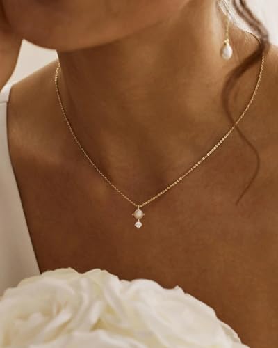 Pearl Necklace for Women- 14K Gold-plated/White Gold-plated Dainty Pearl Necklace for Women - color: Gold CZ pearl 373