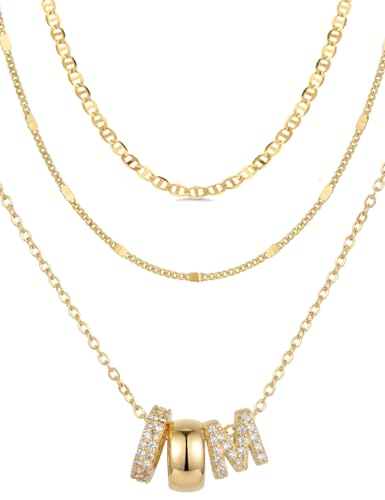 Layered Gold Necklaces for Women, 14K Gold Plated Dainty Cubic Zirconia Rondelle Initial Pendant Necklace, Chunky Stackable Mariner Chain Choker, Trendy Personalized Name Jewelry Gifts for Women - style: Letter M