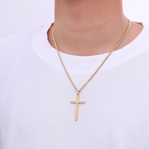 Fiusem Easter Basket Stuffers Cross Necklace for Men and Women, 14K Gold Plated Mens Cross Necklaces with 3.5mm Cuban Chain, Stainless Steel Pendant Chain 16-24 Inches - size: 22 Inches, style: Medium gold cross:1.8"*1.05"