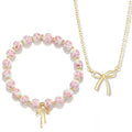 Bow Bracelet Necklace Set 14K Gold Beaded Bracelet Dainty Bow Pendant Choker Jewelry Gift Set - color: Pink
