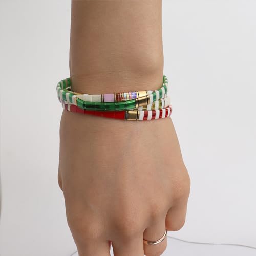 Tila Beaded Stretch Strand Bracelets for Women, Cute Boho Stackable Handmade Colorful Mixed Flat Square Beads Elastic Beach Surfer Bracelet Trendy Jewelry Friend Gift - color: 0901K
