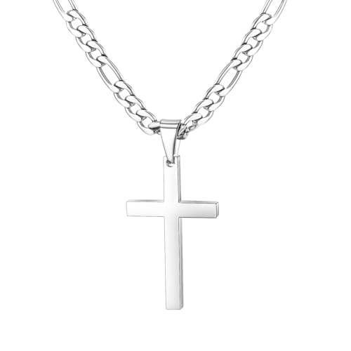 CaptainSteeL Cross Necklace for Men - Stainless Steel Silver/Gold Plain Cross Pendant Necklace Simple Jewelry Gifts, 20/22/24/26 Inches 3:1 Figaro Link Chain 4/5/6mm Width - size: 26inch, style: 5mmSilver