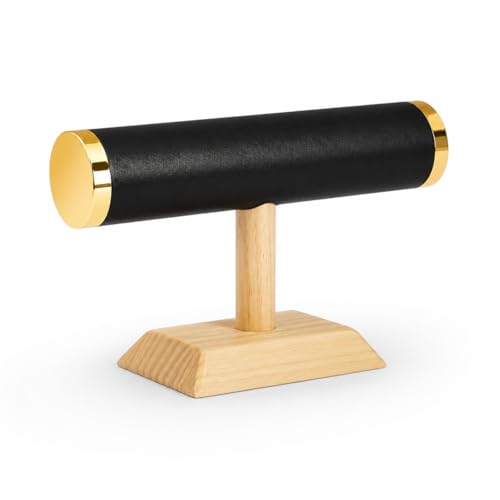 Jewelry Display T-Bar Stand – Elegant Black PU Leather & Natural Oak Wood Base, Space-Saving Organizer for Bracelets, Watches & Bangles - color: Round PU Black