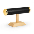 Jewelry Display T-Bar Stand – Elegant Black PU Leather & Natural Oak Wood Base, Space-Saving Organizer for Bracelets, Watches & Bangles - color: Round PU Black
