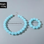 Colorful Chunky Beaded Necklace for Women Acrylic Bead Choker Necklaces Fashion Large Round Beads Necklaces for Women Handmade Summer Jewelry - color: Blue bracelet + necklace