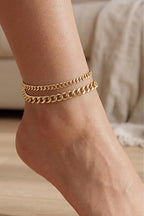 Tewiky Waterproof Ankle Bracelets for Women,Chunky Layered Gold Anklet for Women Non Tarnish Adjustable Cuban Set Stackable Summer Beach Jewelry Gift - color: gold