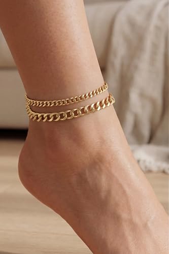 Tewiky Waterproof Ankle Bracelets for Women,Chunky Layered Gold Anklet for Women Non Tarnish Adjustable Cuban Set Stackable Summer Beach Jewelry Gift - color: gold
