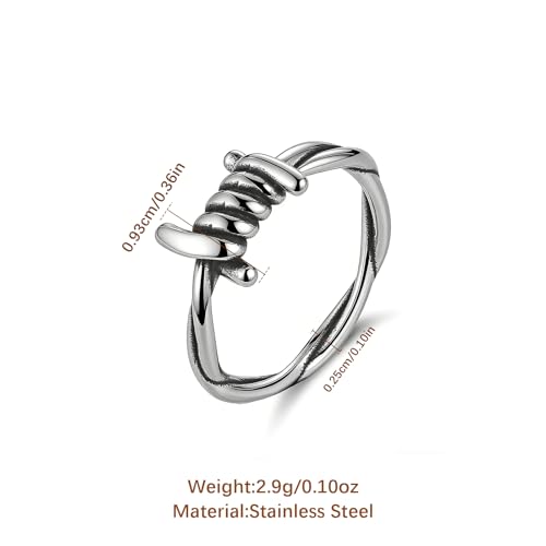 HZMAN Silver Stainless Steel Barbed Wire Wrap Ring for Men Women, Hypoallergenic Non-Tarnish Adjustable Industrial Punk Ring for Daily Wear & Gift Size 7-12