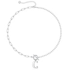 Yoosteel Pearl Initial Necklace for Women, Dainty Pearl Chain Choker Initial Necklaces for Women Toggle Clasp Paperclip Link Chain Necklace Jewelry Gifts - color: Silver, style: C