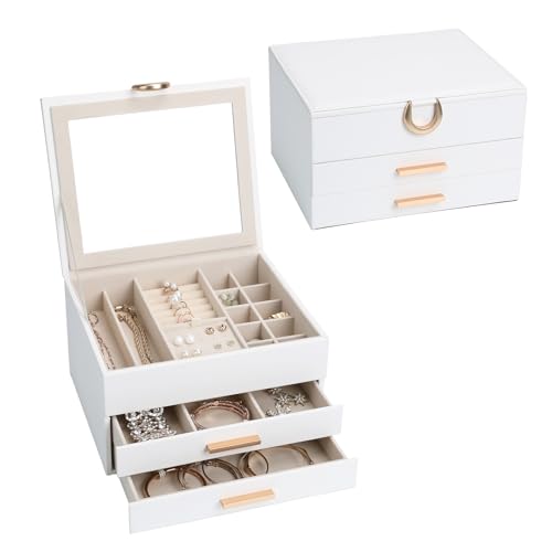 Jewelry Storage Box for 150+ Items - Features a Mirror, Smooth Gliding Drawers, and Non-Slip Earring Pads for Maximum Organization White - color: White15, size: 3-Layer