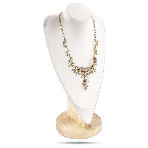 14.5" Solid Oak Jewelry Necklace Bust Display Stand for Vendors - White Faux Leather - Wooden Mannequin Chain Holder - Tall - color: White, size: 14.5" Tall, style: Light Oak