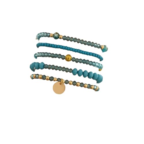 5Pcs Bohemian Multilayer Crystal Beads Stackable Bracelets Y2K Circle Disc Coin Pendant Colorful Beaded Elastic Stretch Bracelets for Women Boho Beach Vacation Holiday Jewelry Gift - color: Blue