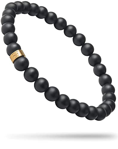 Forge & Foundry Men’s Matte Black Solid Onyx Beaded Bracelet | 10mm, 8mm, 6mm Bead Size Options | Signature Stainless Steel Engraved Bead | Andalus - color: 6mm Gold, size: Medium