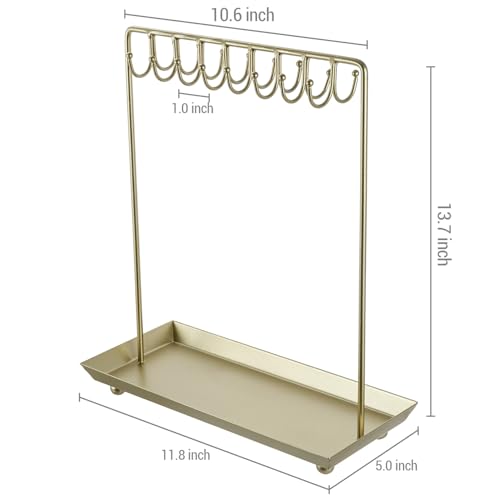 MyGift 14 Inch Brass Metal Jewelry Organizer Stand for Necklaces with 20 Hooks and Ring Tray - color: Brass
