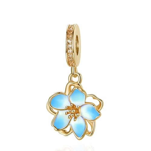 925 Sterling Silver Charms for Bracelets Gold Love and Heart Charms Cherry Blossom Dangle Beads Jewelry for Women - color: Blue Cherry Blossom with Gold Rim