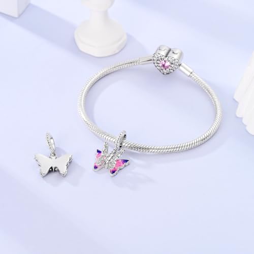 LAZA Charms for Bracelets 925 Sterling Silver Butterfly Summer Travel Ocean Lucky Charm Beads Pendant Jewelry for Women Mom - color: Pink Winged Butterfly