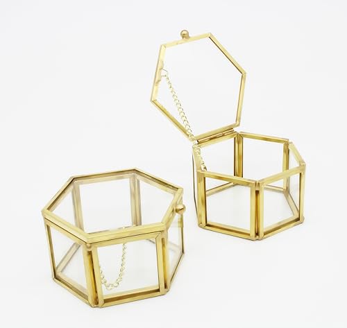 JIARI Glass Jewelry Box Small Gold Hexagonal Decorative Box Ring Earring Display Keepsake Box Case Box for Storage (Small 2 Pack)