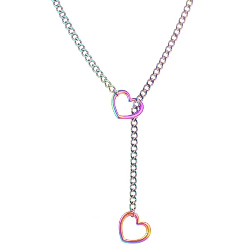 sroyte Heart Slip Chain Necklaces for Women,Stainless Steel O-Ring Adjustable Lariat Y-Necklace,Punk Gothic Cuban Collar Choker Necklace for women - color: Colorful Heart, size: 25"