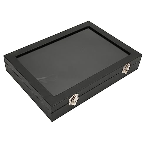 Pin Display Case Premium Transparent Glass Lid Jewelry Storage Box With Lock Buckle For Brooch Badge Medal Collection Black 28x20x5cm