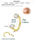 QWALIT Piercing Taper Threadless Insertion Tool - Titanium Labret Pin 16g, 18g, 20g - color: C4 - Gold -20g 8mm 3pcs